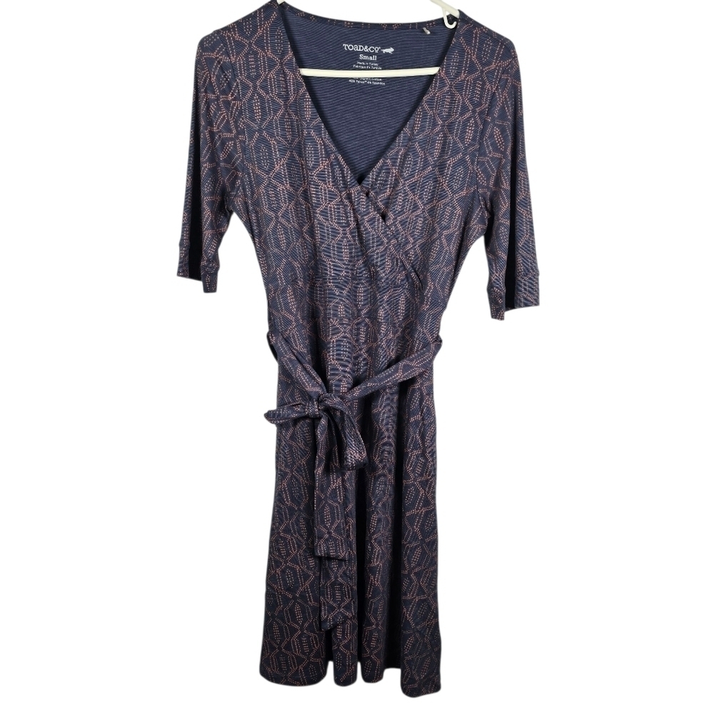 Toad & Co Dress Womens Cue Faux Wrap Cafe Dress Blue Batik Elbow Sleeve Size S